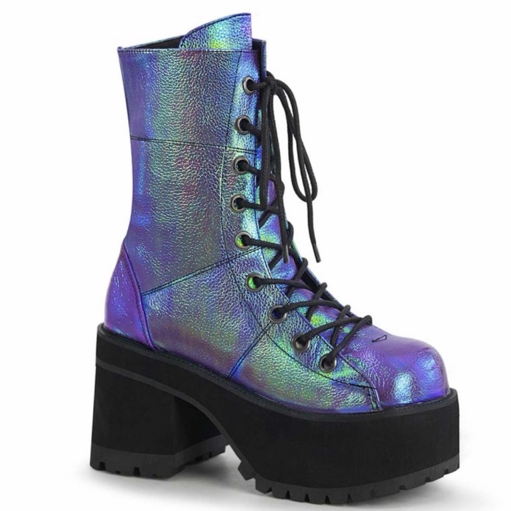 Demonia Iridescent Purple Lace-Up Platform Boots